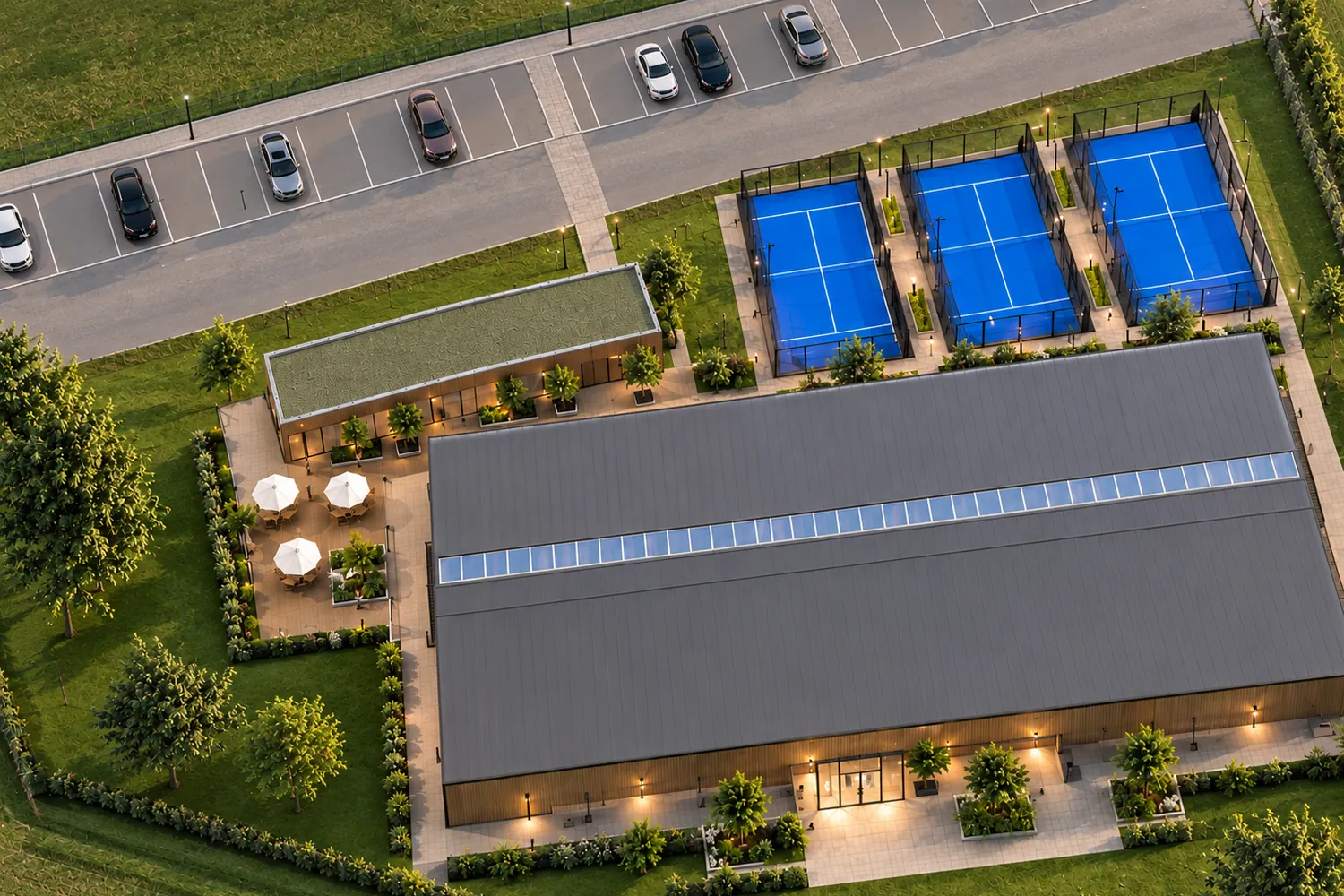 Padel club from above: hall, outdoor courts and car park