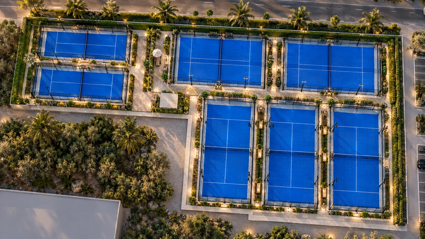 Padel venue from above at dusk: lit courts and clubhouse
