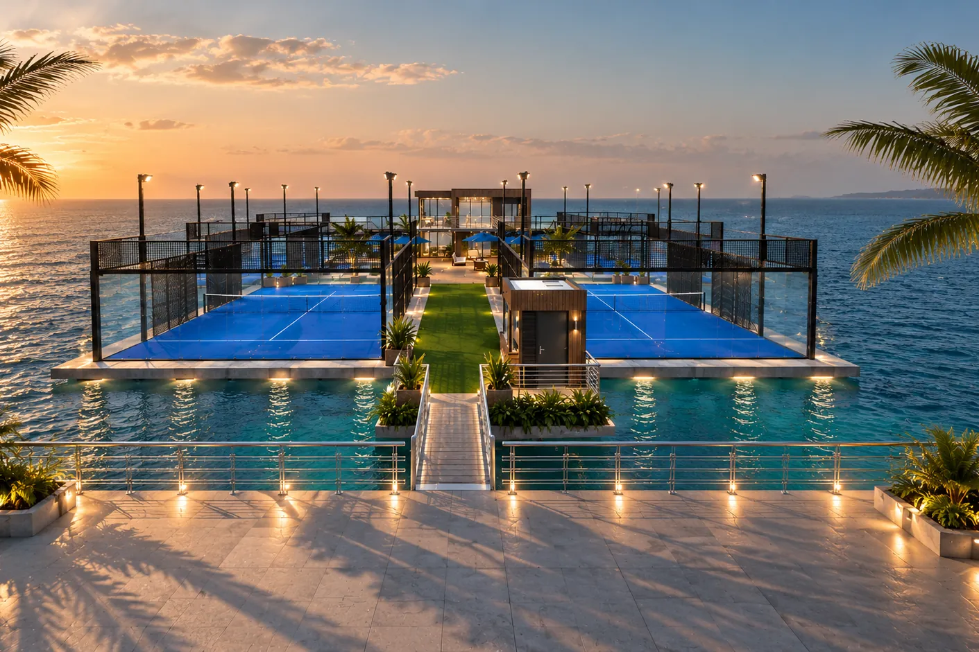 Padel venue on the water at sunset