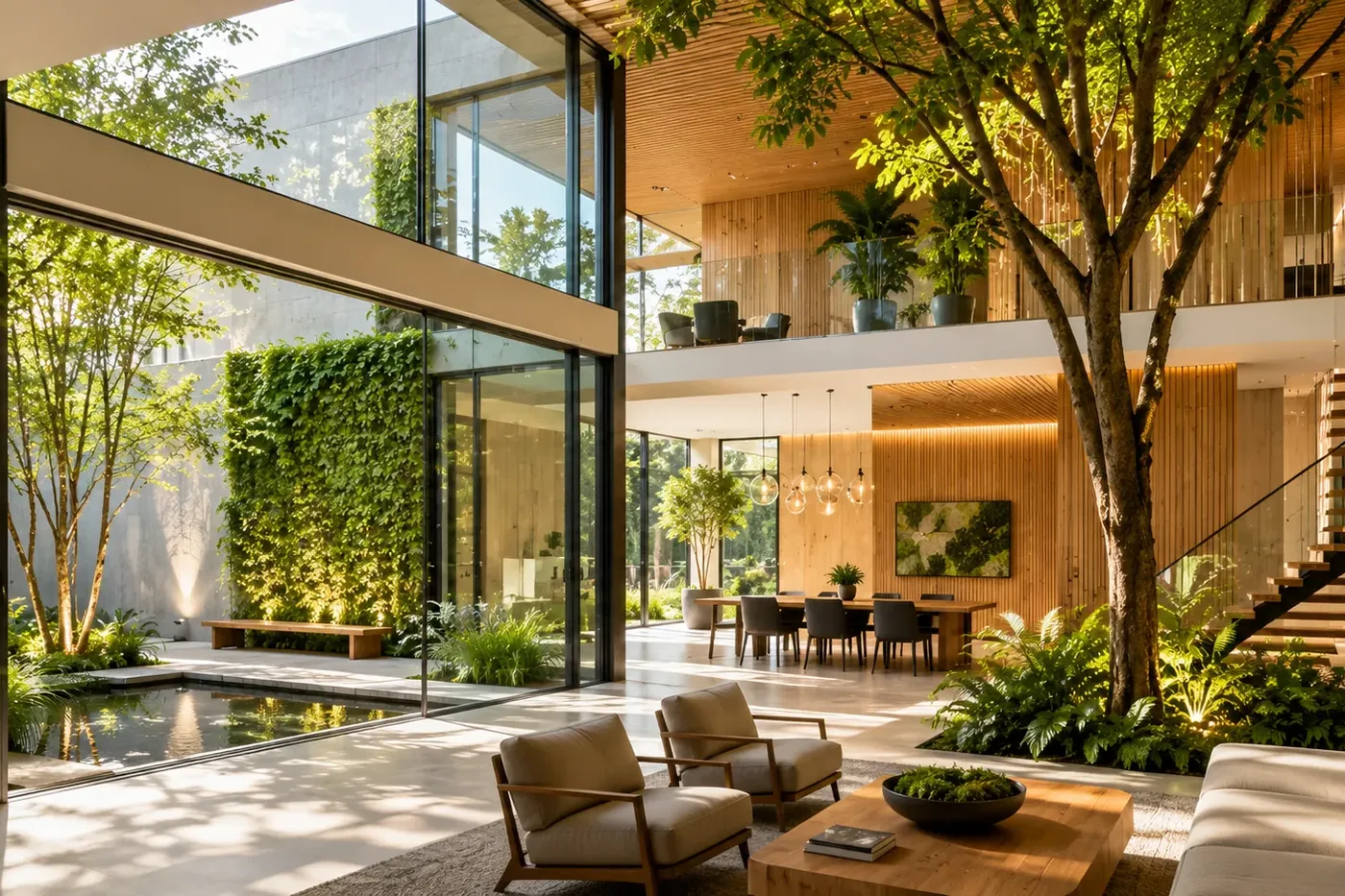 Living space opening onto a planted courtyard, from the ESA Architektur website