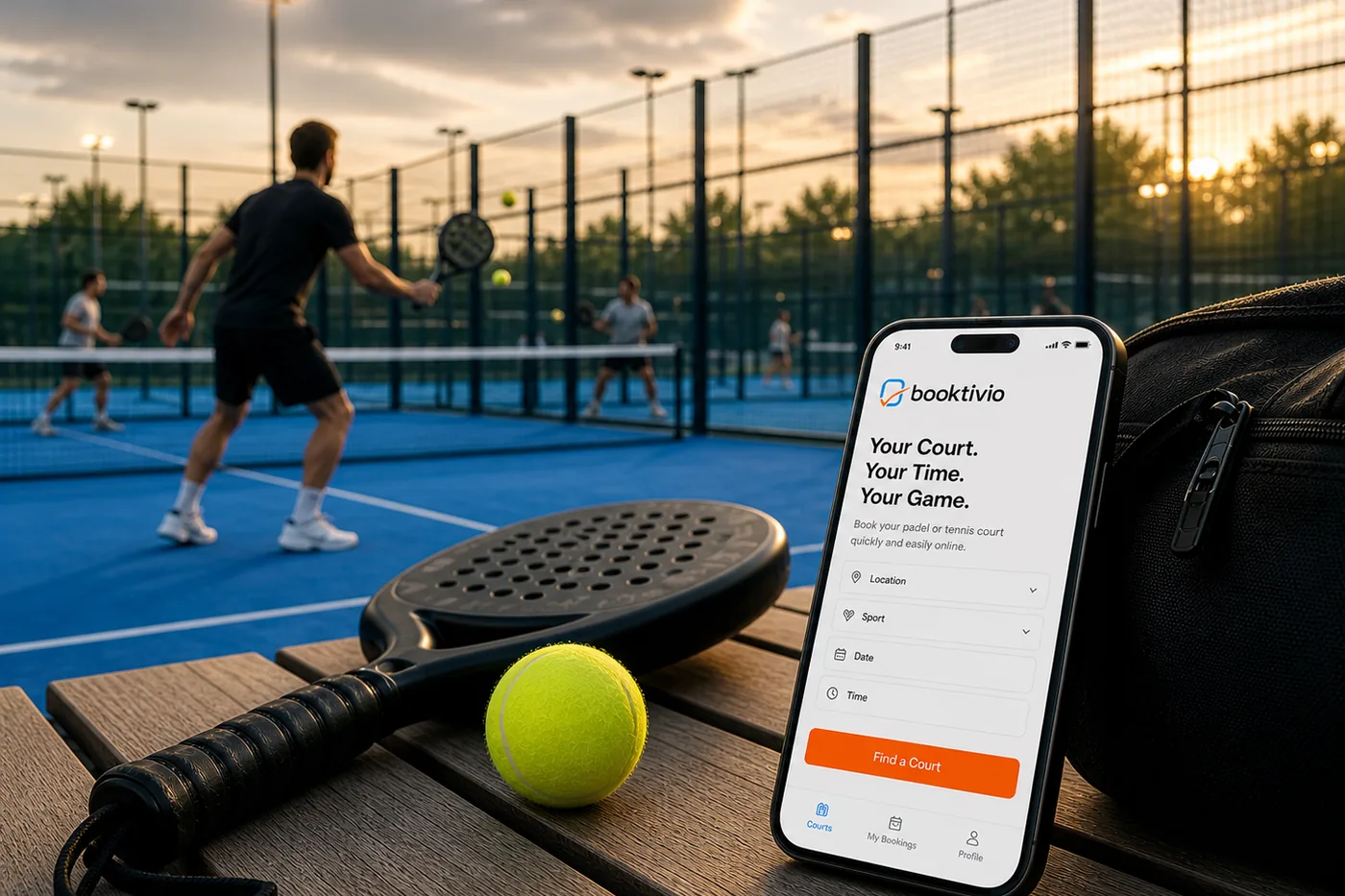 Booktivio on a phone at a padel court in the evening
