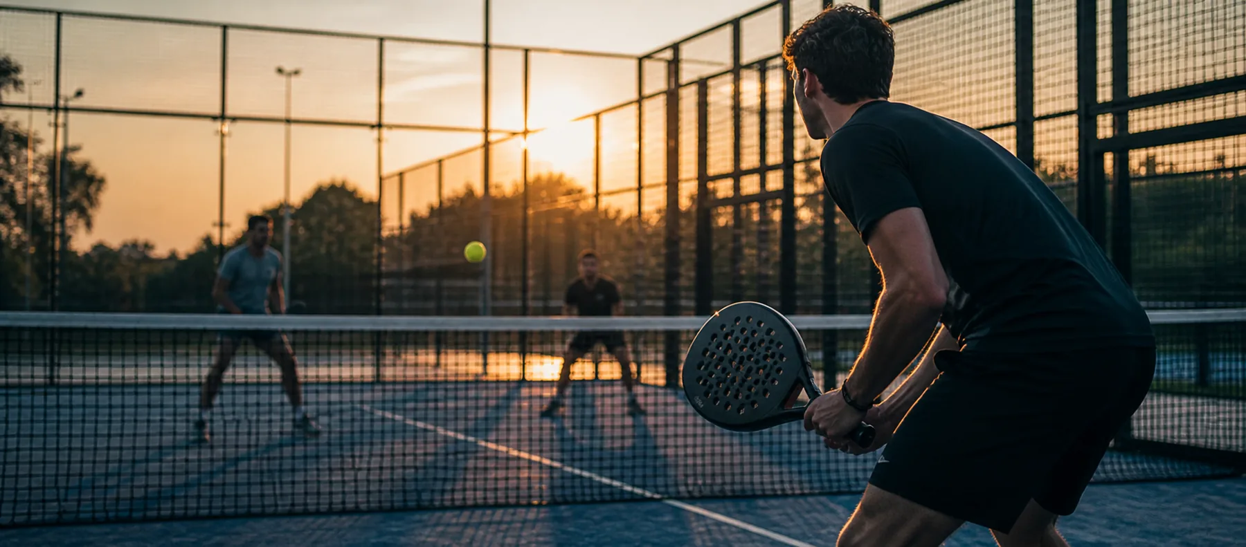 Padel match on an outdoor court at sunset