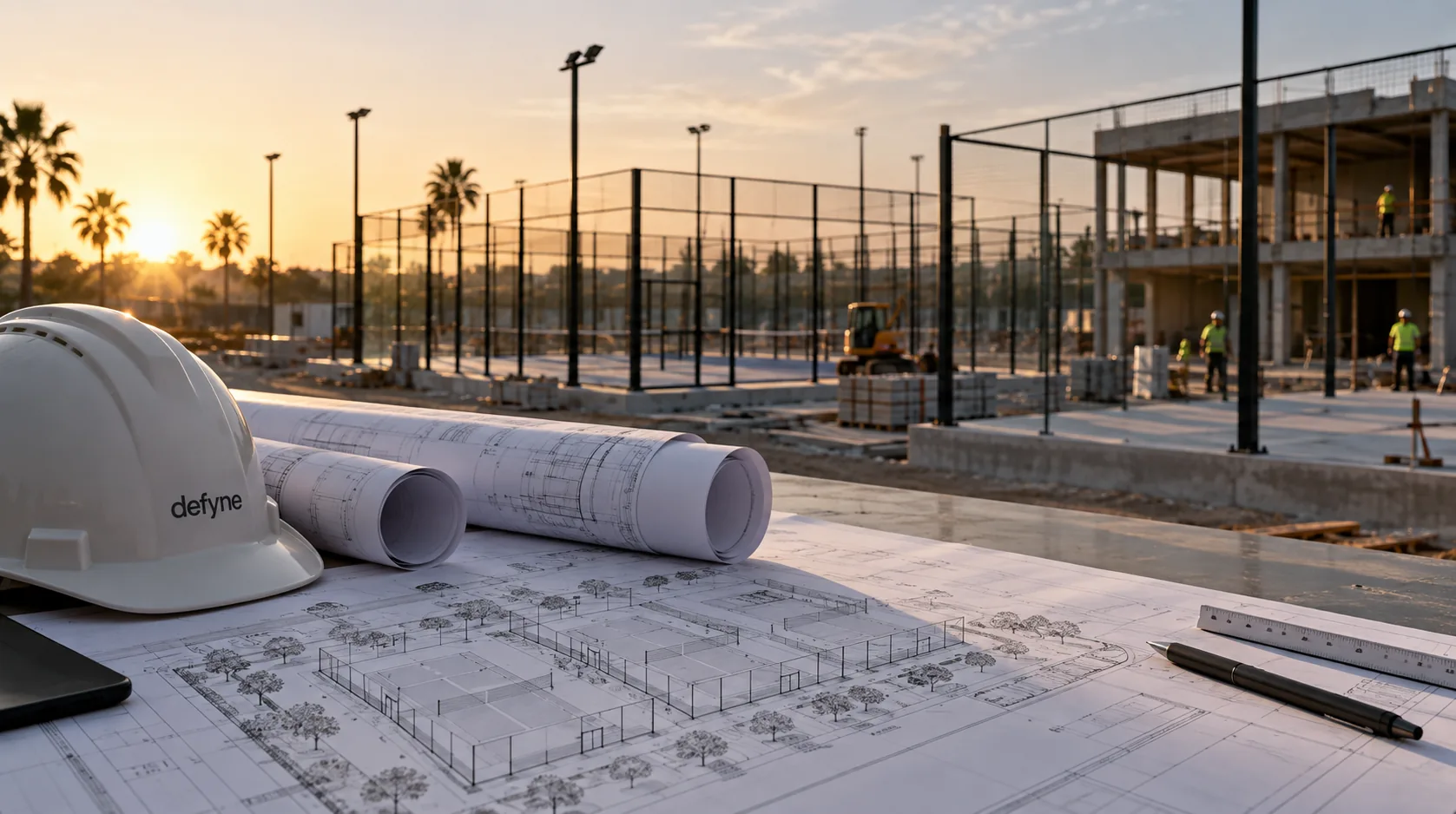 Building plans and a defyne helmet on the site of a padel venue at sunset