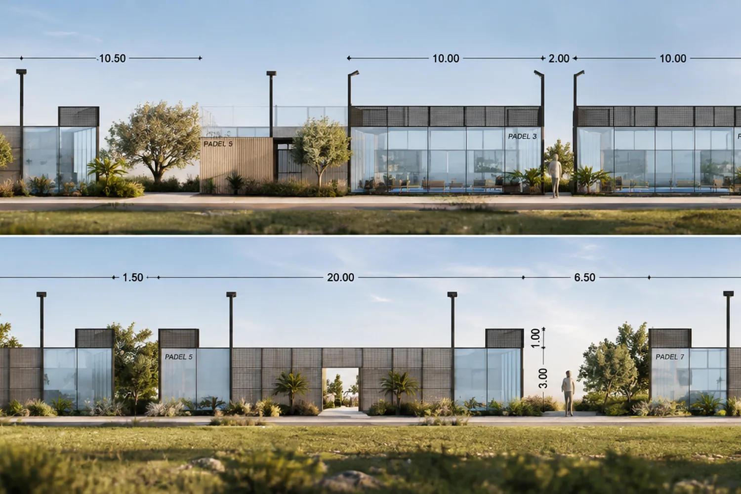 Elevations of a padel venue: south and north view with dimensions
