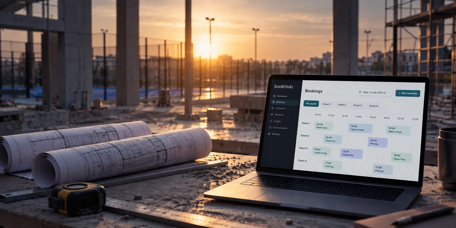 Rolled building plans and a laptop showing the booking calendar, on the concrete slab of a venue under construction at sunset