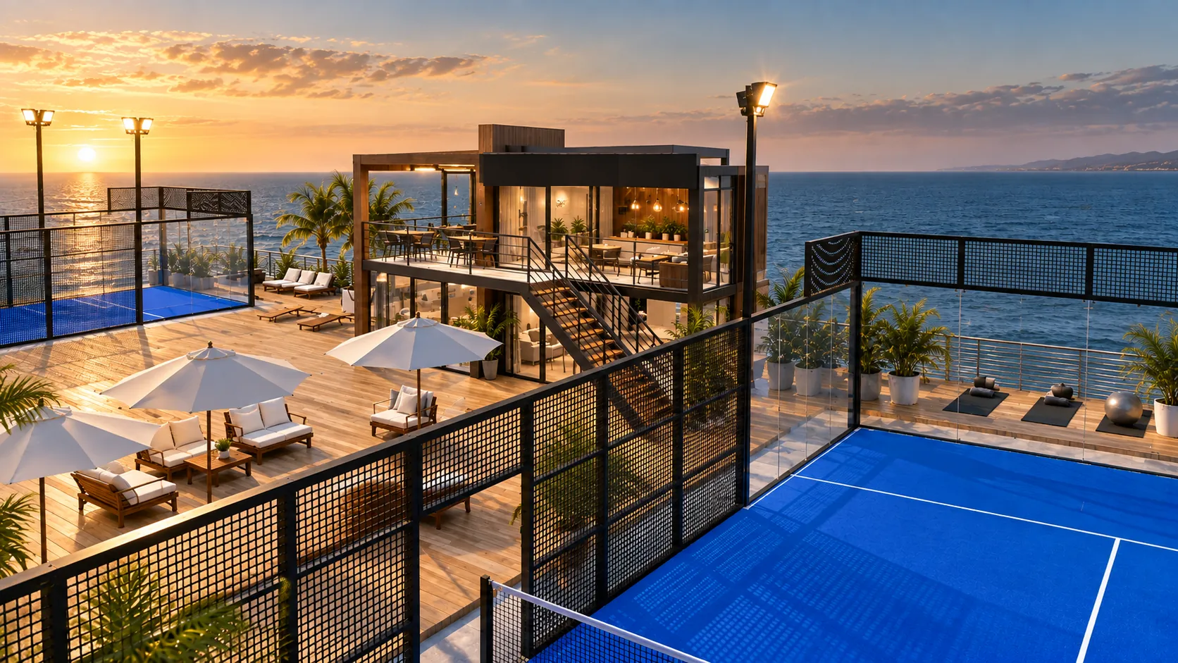 Design study for a padel venue at sunset: clubhouse with terrace between the courts, the sea behind