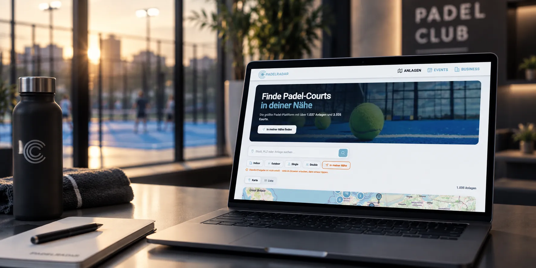 PadelRadar on a laptop at a padel club: map search for courts nearby, courts visible through the window
