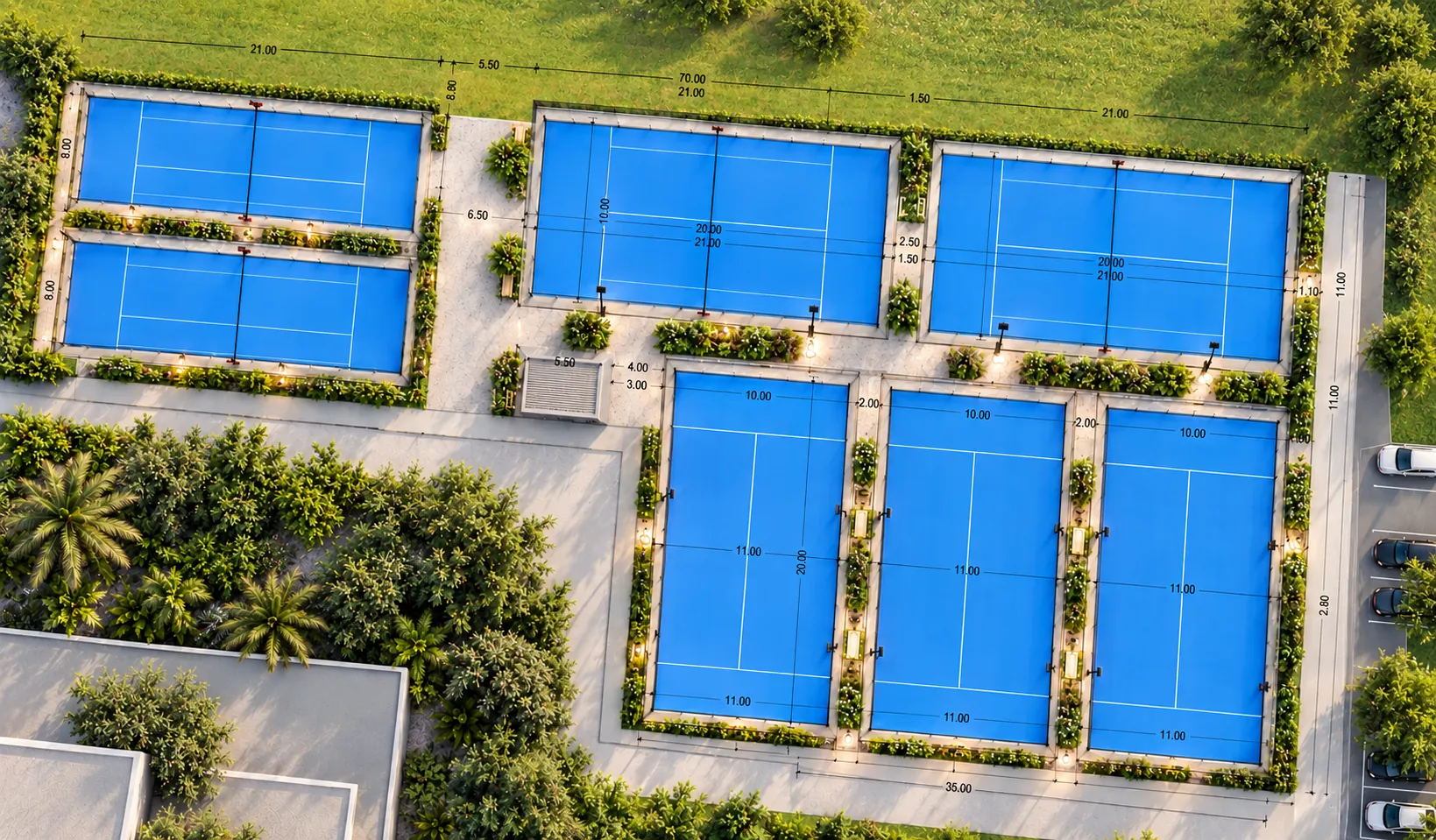 Site plan over an aerial view: six courts with their dimensions and clearances marked out