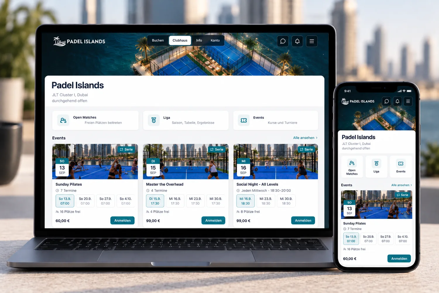 Booking and management software on laptop and phone: club view with events and courses