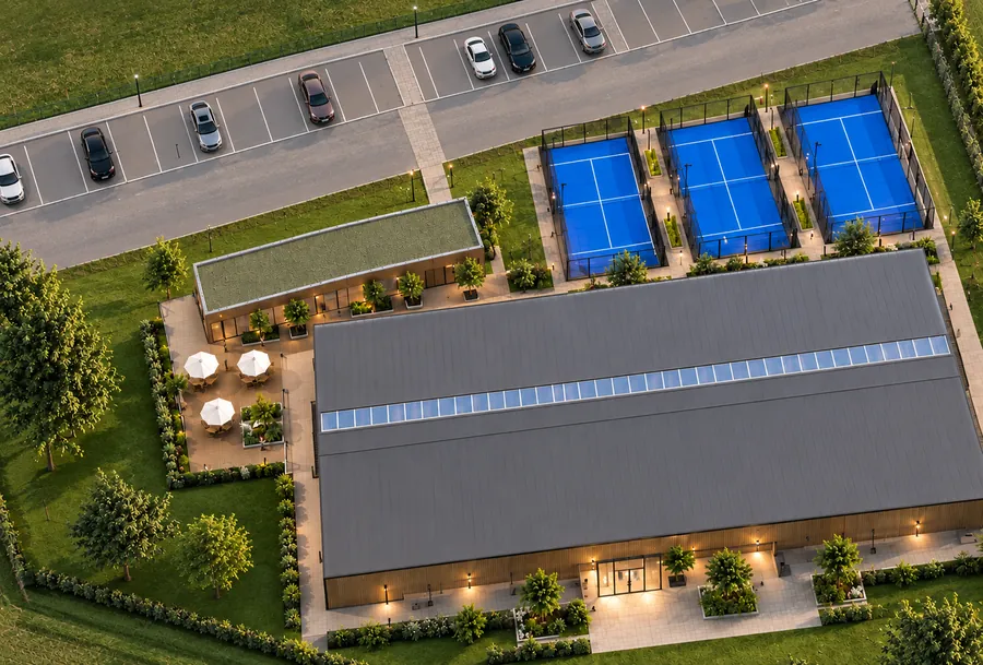 Padel hall with outdoor courts from above