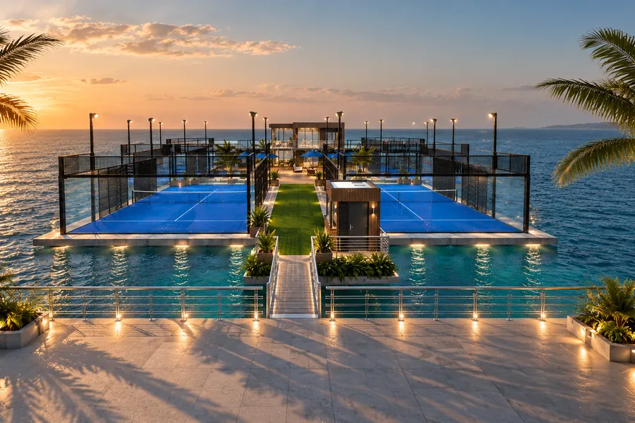 Outdoor padel venue by the water