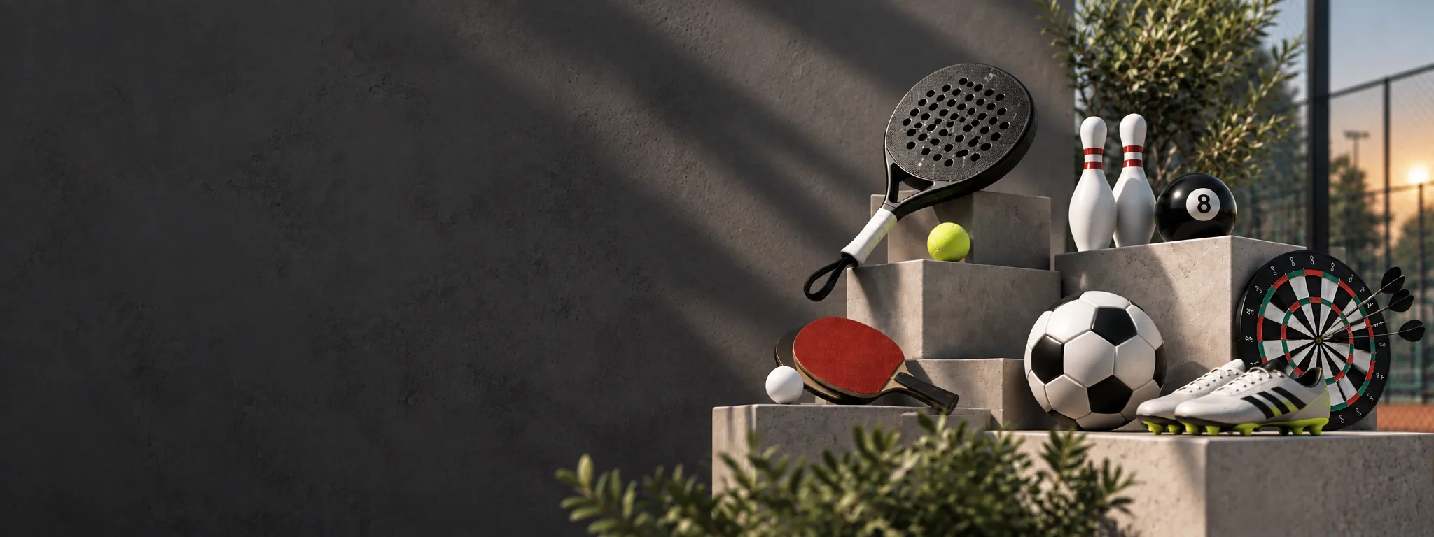 Padel racket, bowling pins, billiard ball, table tennis bat, dartboard and a football on concrete plinths
