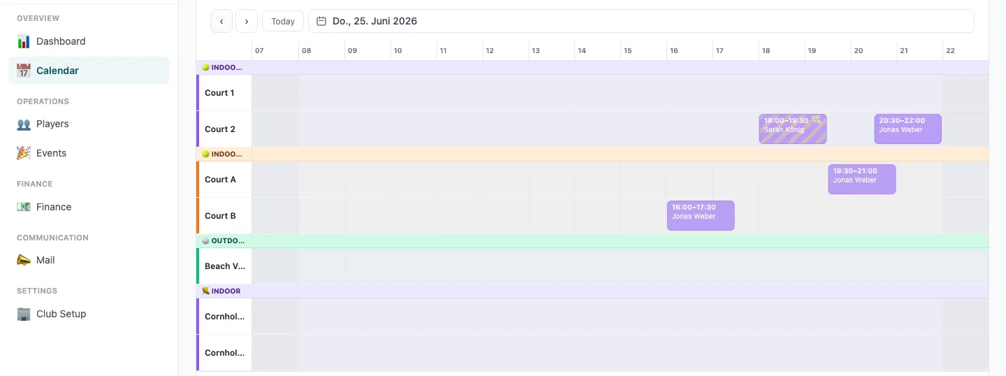 Booktivio admin — court calendar with live bookings