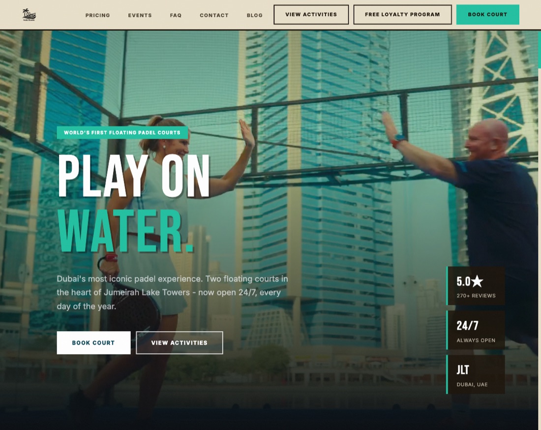 Padel Islands — Website für Dubais erste schwimmende Padel-Anlage, gebaut von Defyne